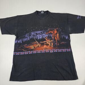 Vintage Western Cowboy Wolves Shirt Mens XL Double Sided‎ USA Black Graphic 90s
